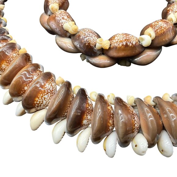 Vtg Tahitian Shell Necklace Bracelet Set Money & Calf Cowries Shells 20"L & 9"L - Picture 2 of 5